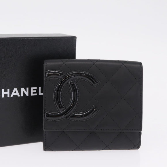 CHANEL Cambon Line W Hook Trifold Wallet Leather Black Silver CC Auth am13011SAM