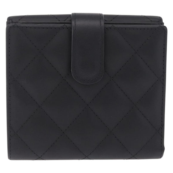 CHANEL Cambon Line W Hook Trifold Wallet Leather Black Silver CC Auth am13011SAM