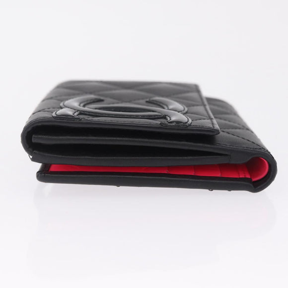 CHANEL Cambon Line W Hook Trifold Wallet Leather Black Silver CC Auth am13011SAM