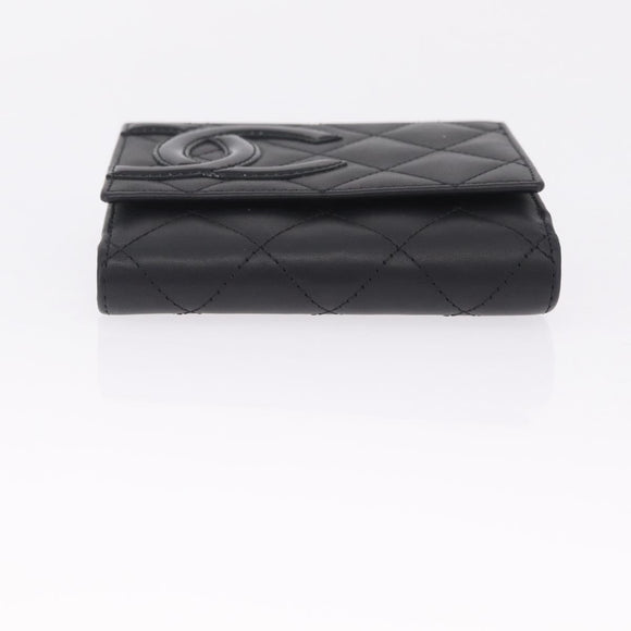 CHANEL Cambon Line W Hook Trifold Wallet Leather Black Silver CC Auth am13011SAM