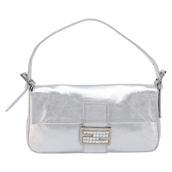 FENDI Mamma Baguette Shoulder Bag Leather Silver Auth am13032SAM