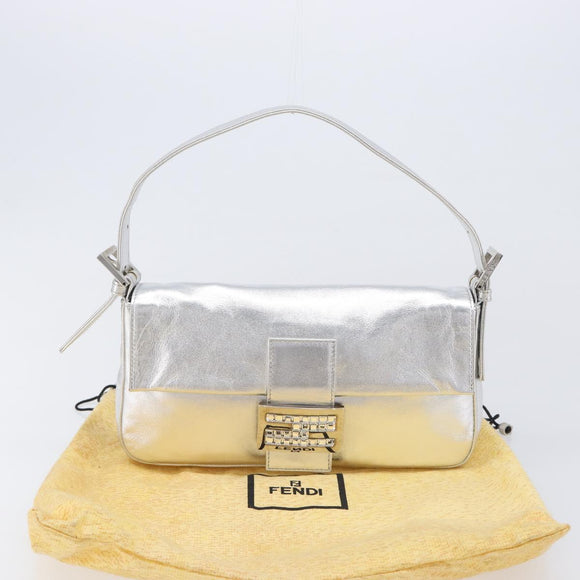 FENDI Mamma Baguette Shoulder Bag Leather Silver Auth am13032SAM
