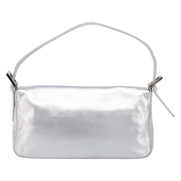 FENDI Mamma Baguette Shoulder Bag Leather Silver Auth am13032SAM