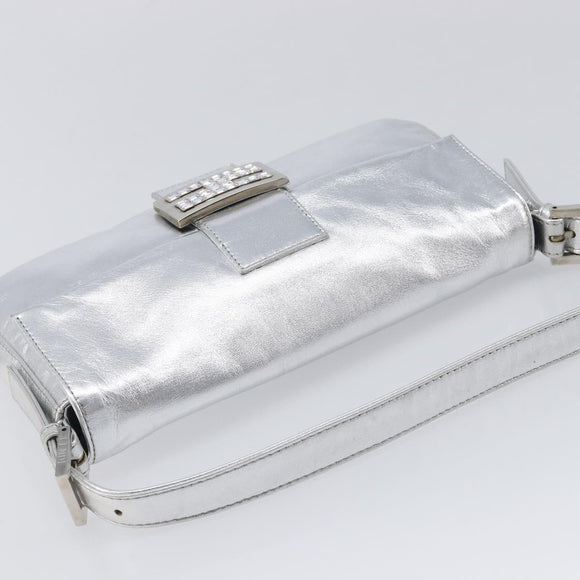 FENDI Mamma Baguette Shoulder Bag Leather Silver Auth am13032SAM