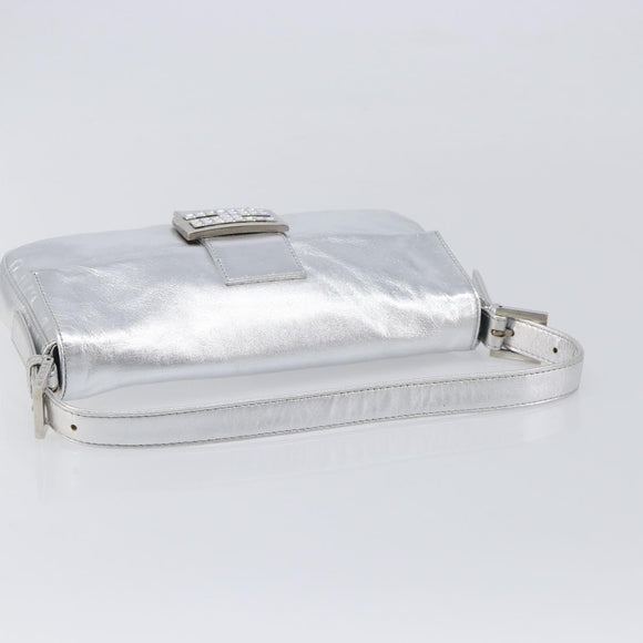 FENDI Mamma Baguette Shoulder Bag Leather Silver Auth am13032SAM