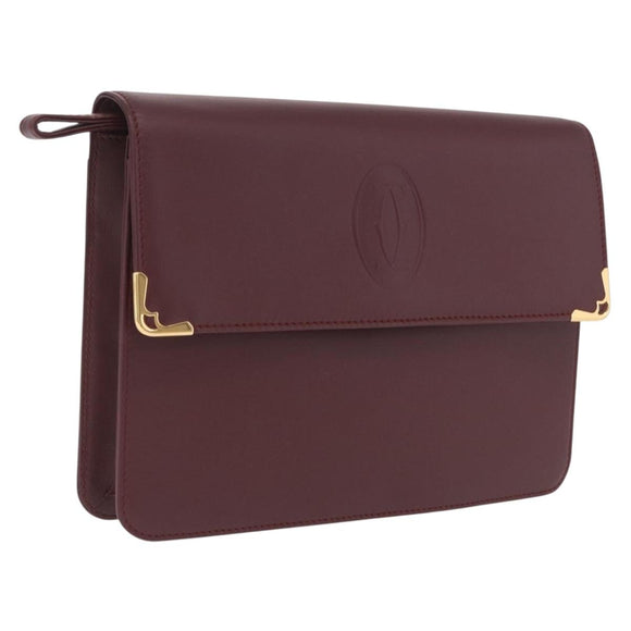 Cartier Clutch Bag Leather Bordeaux Gold Tone Auth am13042V