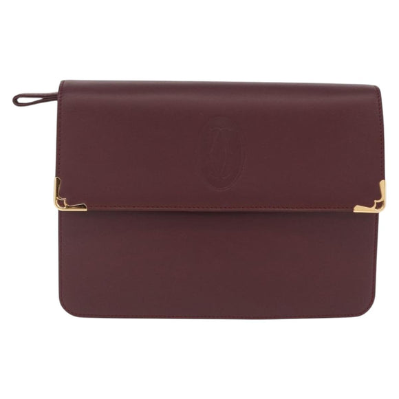 Cartier Clutch Bag Leather Bordeaux Gold Tone Auth am13042V