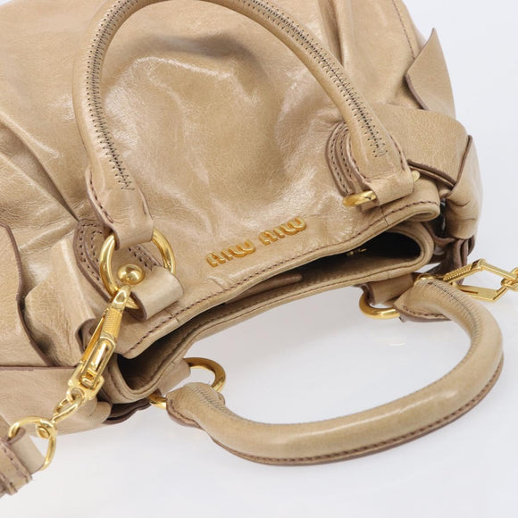 Miu Miu Side Ribbon Hand Bag Leather Beige Gold Tone Auth am13045V