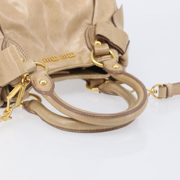 Miu Miu Side Ribbon Hand Bag Leather Beige Gold Tone Auth am13045V