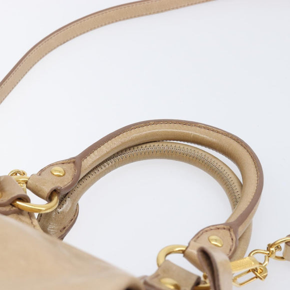 Miu Miu Side Ribbon Hand Bag Leather Beige Gold Tone Auth am13045V