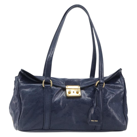 Miu Miu Lady Rock Shoulder Hand Bag Leather Navy Gold Tone Auth am13046V