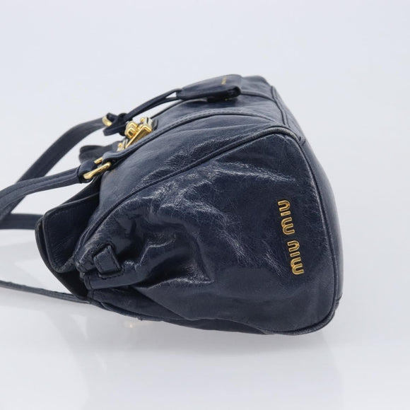 Miu Miu Lady Rock Shoulder Hand Bag Leather Navy Gold Tone Auth am13046V