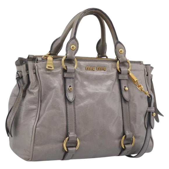 Miu Miu Vitterodino Side Ribbon Hand Bag Leather Gray Gold RN0893 Auth am13049V