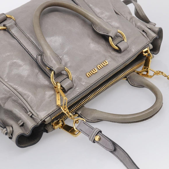 Miu Miu Vitterodino Side Ribbon Hand Bag Leather Gray Gold RN0893 Auth am13049V