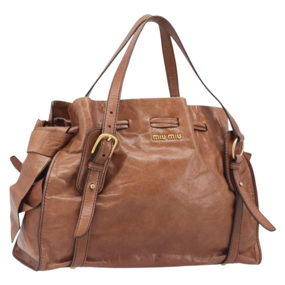 Miu Miu Side Ribbon Shoulder Bag Leather Brown Gold Tone Auth am13058V