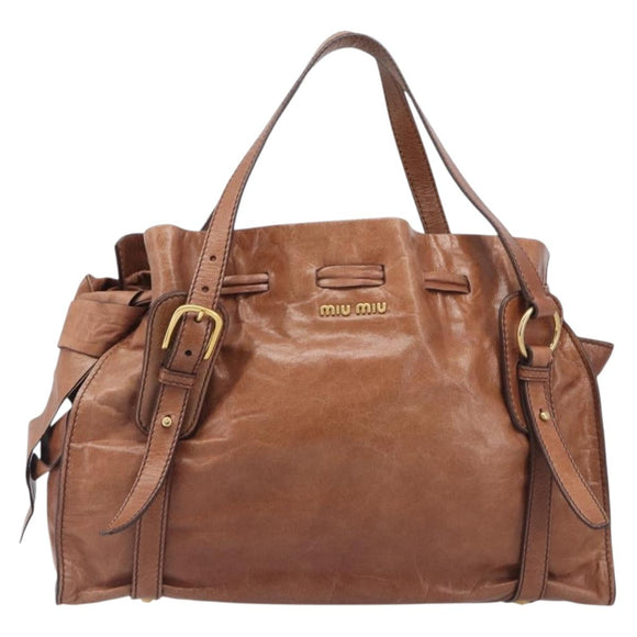 Miu Miu Side Ribbon Shoulder Bag Leather Brown Gold Tone Auth am13058V