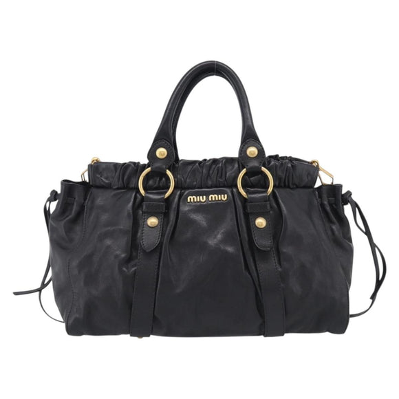 Miu Miu Side Ribbon Hand Bag Leather Black Gold Tone RT0383 Auth am13065V