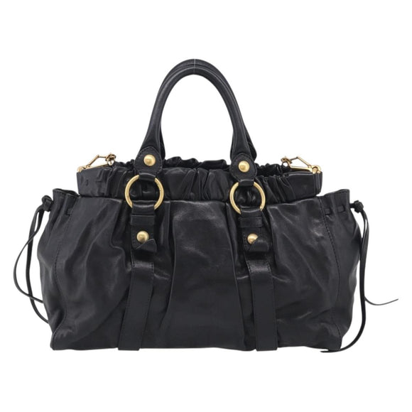 Miu Miu Side Ribbon Hand Bag Leather Black Gold Tone RT0383 Auth am13065V