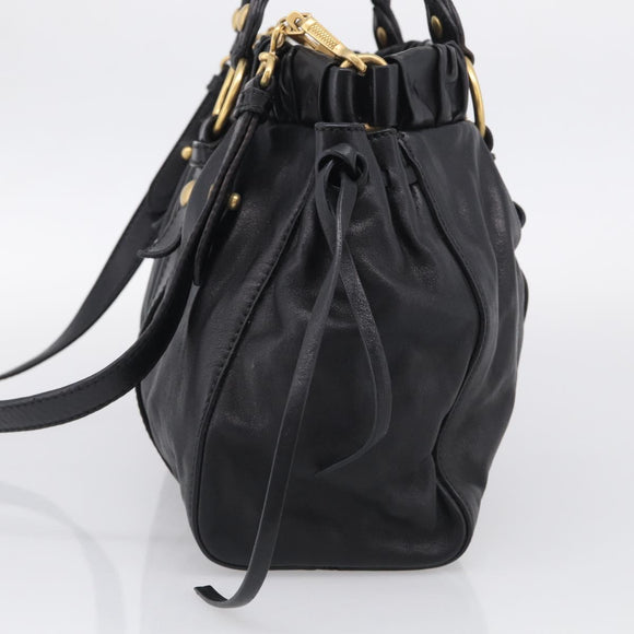 Miu Miu Side Ribbon Hand Bag Leather Black Gold Tone RT0383 Auth am13065V