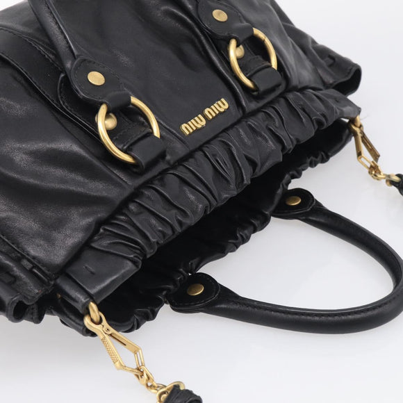 Miu Miu Side Ribbon Hand Bag Leather Black Gold Tone RT0383 Auth am13065V