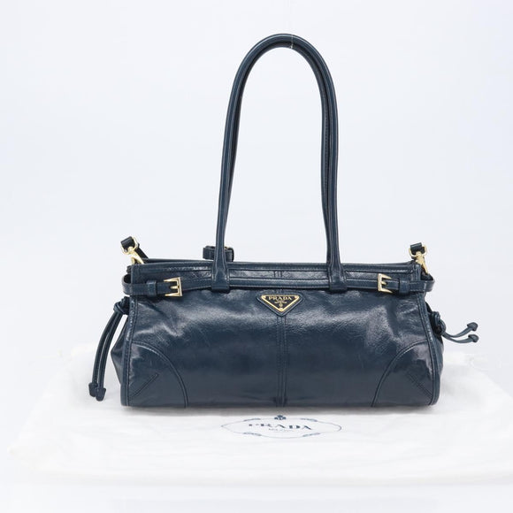 PRADA Bonnie Medium Shoulder Bag Leather Navy Gold Tone 1BA426 Auth am13071SAM