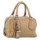 PRADA Bowler Bag Stand Bag Hand Bag Leather Beige Silver Auth am13082A-1