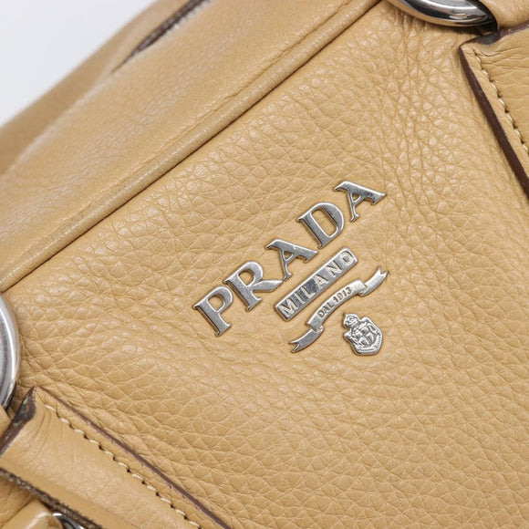 PRADA Bowler Bag Stand Bag Hand Bag Leather Beige Silver Auth am13082A