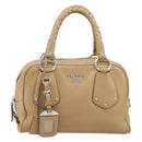 PRADA Bowler Bag Stand Bag Hand Bag Leather Beige Silver Auth am13082A-2