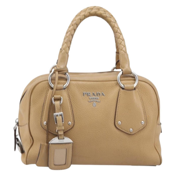 PRADA Bowler Bag Stand Bag Hand Bag Leather Beige Silver Auth am13082A