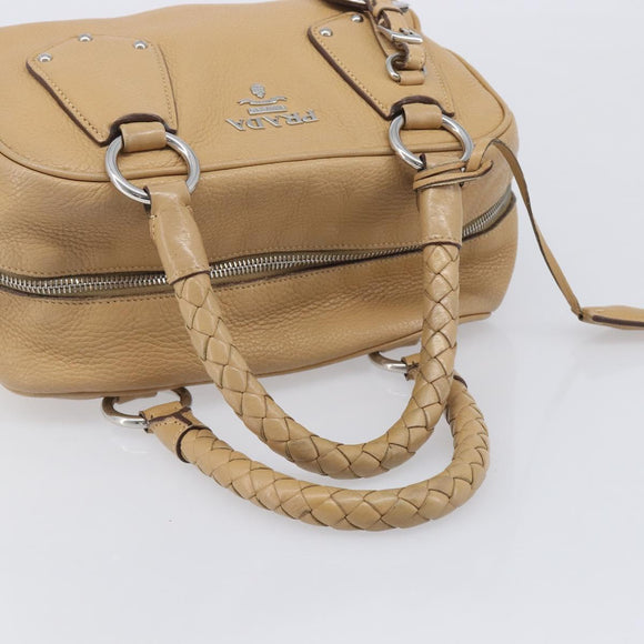PRADA Bowler Bag Stand Bag Hand Bag Leather Beige Silver Auth am13082A
