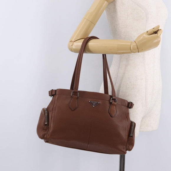 PRADA Hand Bag Leather Brown Silver Auth am13109SAV