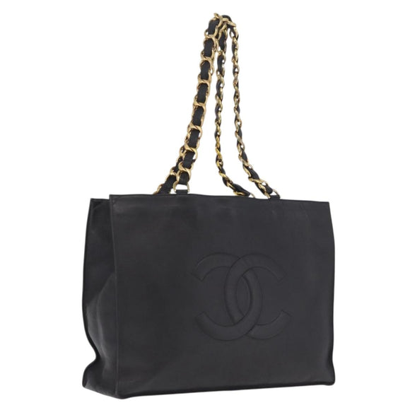 CHANEL COCO Mark Chain Tote Bag Lamb Skin Black Gold Tone CC Auth am13114V