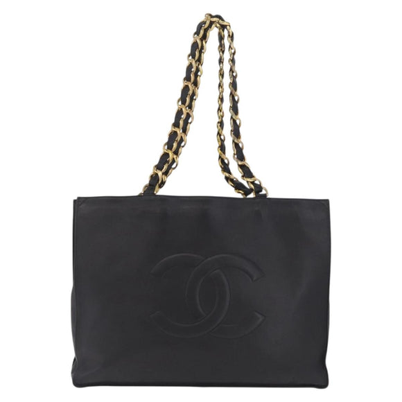 CHANEL COCO Mark Chain Tote Bag Lamb Skin Black Gold Tone CC Auth am13114V