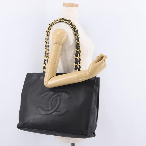 CHANEL COCO Mark Chain Tote Bag Lamb Skin Black Gold Tone CC Auth am13114V