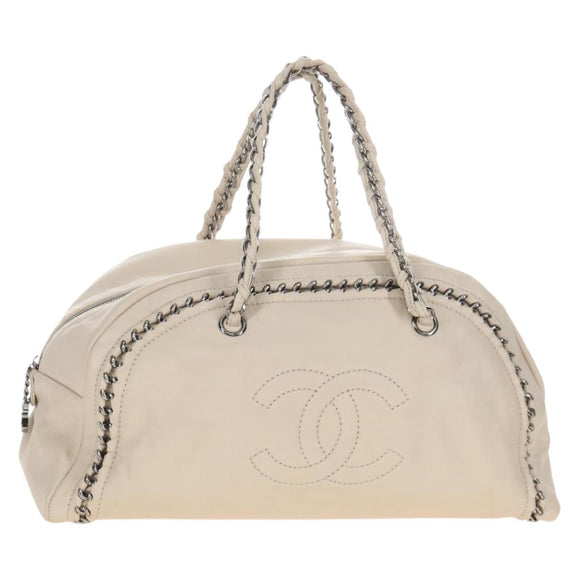CHANEL Chain Luxury Hand Bag Leather Ivory Silver CC Auth am13162SAM