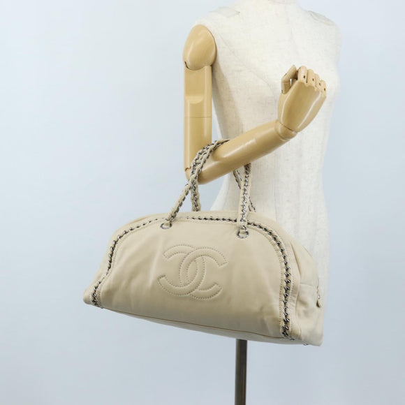 CHANEL Chain Luxury Hand Bag Leather Ivory Silver CC Auth am13162SAM