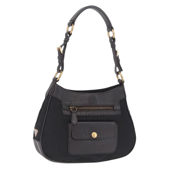 PRADA Shoulder Bag Leather Nylon Black Gold Auth am13170V