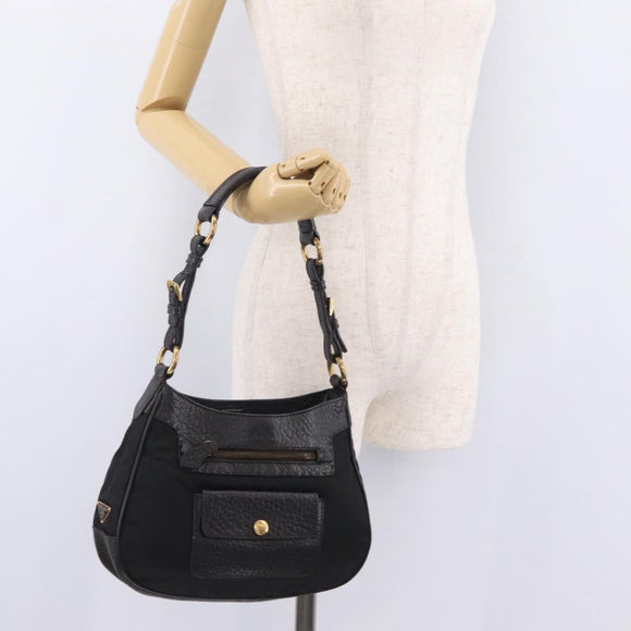 PRADA Shoulder Bag Leather Nylon Black Gold Auth am13170V