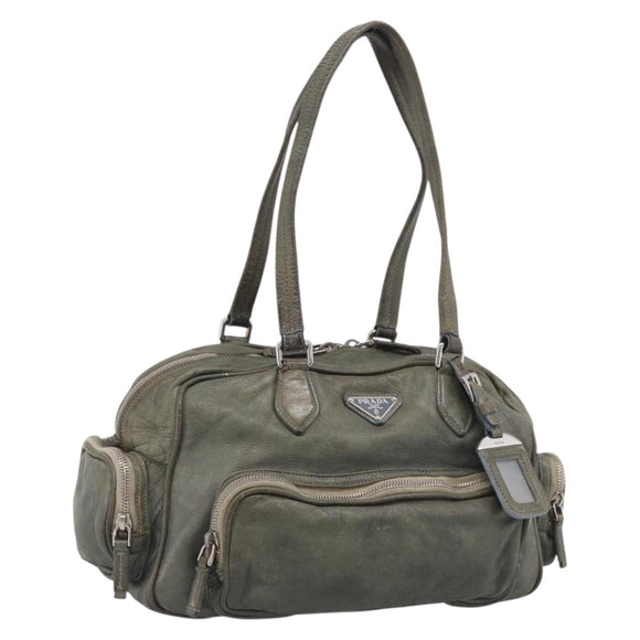 PRADA Mini Boston Bag Boston Bag Leather Khaki Silver Auth am13191V