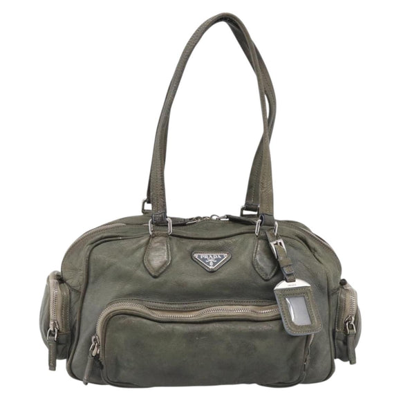 PRADA Mini Boston Bag Boston Bag Leather Khaki Silver Auth am13191V