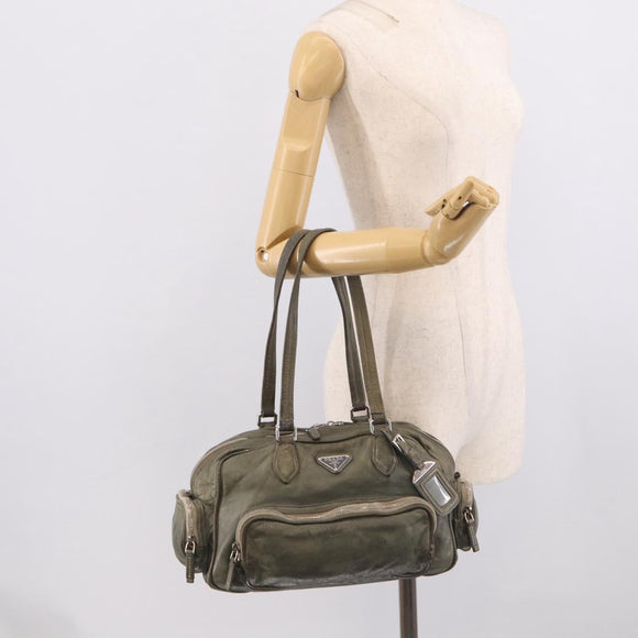 PRADA Mini Boston Bag Boston Bag Leather Khaki Silver Auth am13191V
