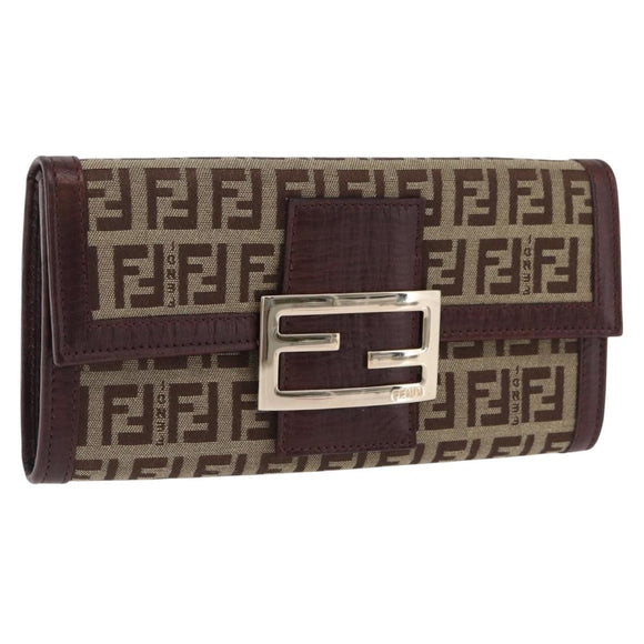 FENDI Zucchino Canvas Long Wallet Brown Gold Auth am13205V