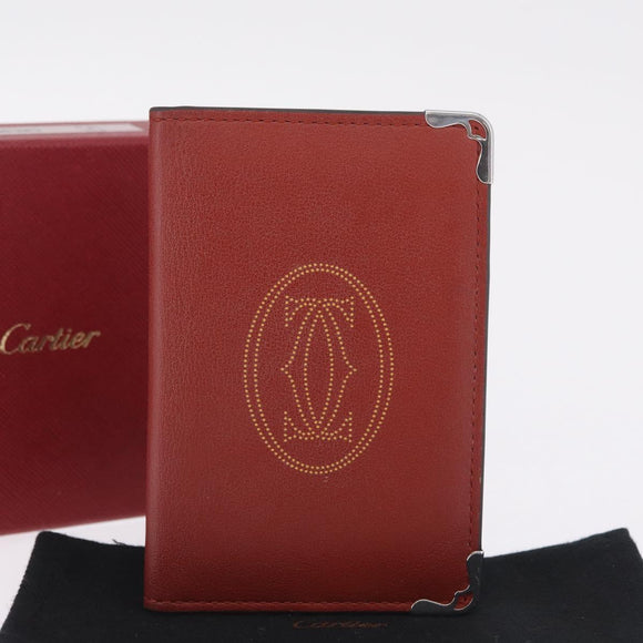 Cartier Card Case Leather Bordeaux Silver Auth am13216V