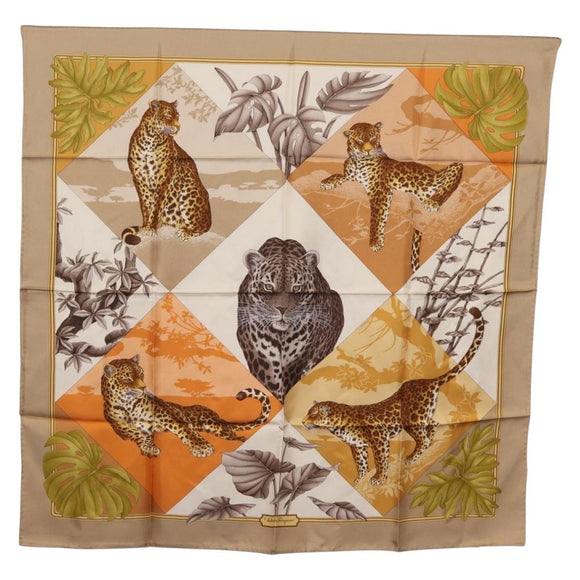 Salvatore Ferragamo Leopard Scarf Silk Beige Auth am13219V