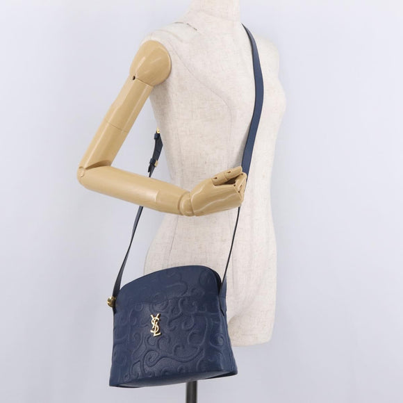 Saint Laurent YSL logo All Over Pattern Bag Leather Navy Gold Auth am13224V