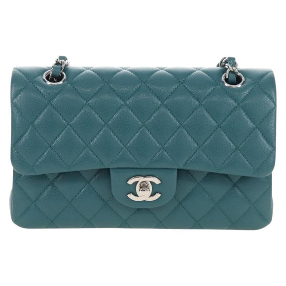 CHANEL Matelasse 23 Double Flap Chain Bag Caviar Skin Green CC Auth am13250SM