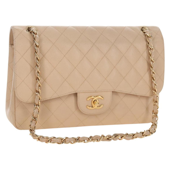 CHANEL Matelasse 30 Double Flap Chain Bag Caviar Skin Beige CC Auth am13251SM