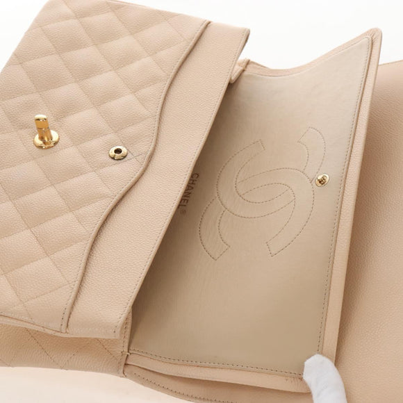 CHANEL Matelasse 30 Double Flap Chain Bag Caviar Skin Beige CC Auth am13251SM