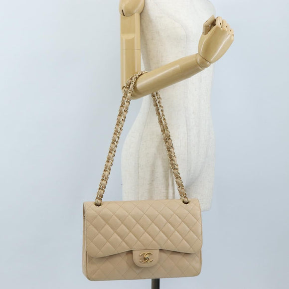 CHANEL Matelasse 30 Double Flap Chain Bag Caviar Skin Beige CC Auth am13251SM