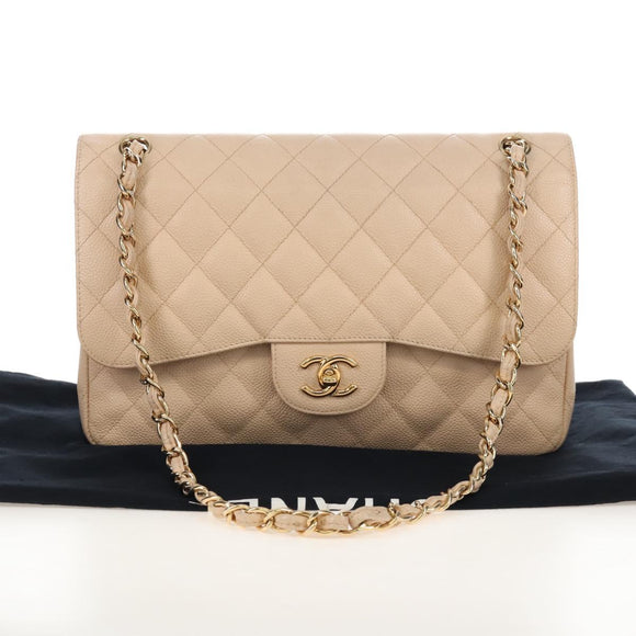 CHANEL Matelasse 30 Double Flap Chain Bag Caviar Skin Beige CC Auth am13251SM